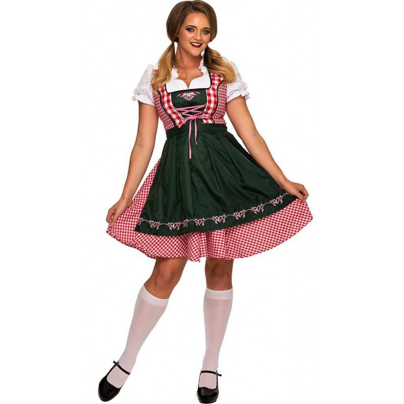 Costume Dirndl Rose Et Vert Avec Tablier Pour Femme