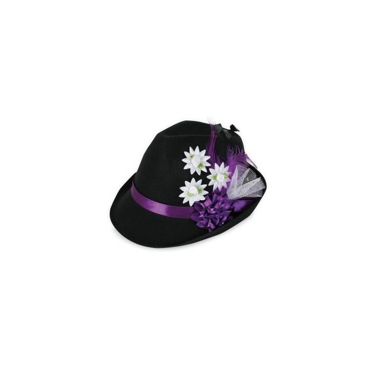 Chapeau Bavière noir avec fleurs et plumes