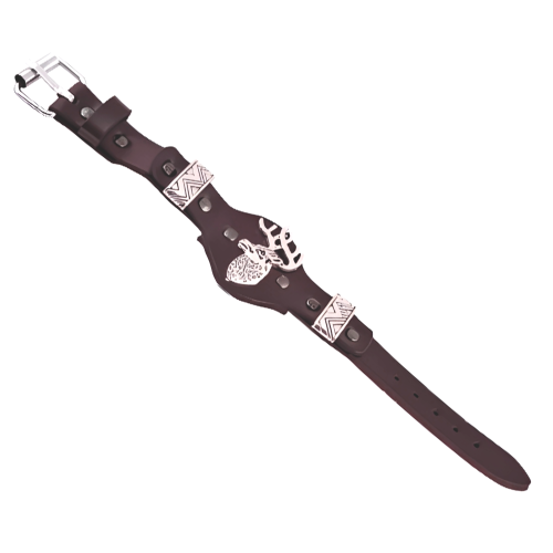 Bracelet Cuir Crun avec Tête de Cerf argenté