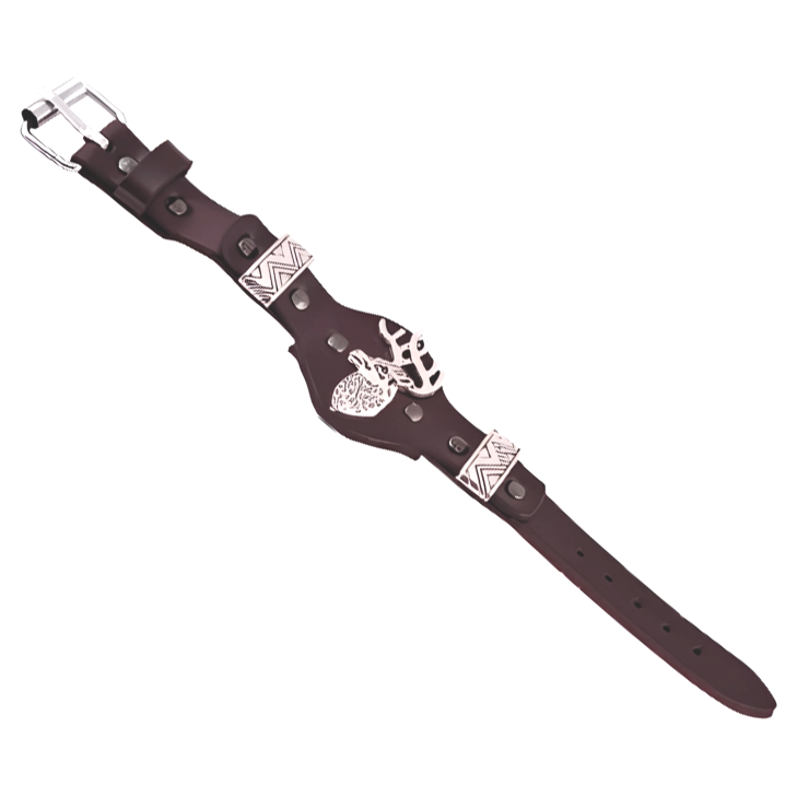 Bracelet Cuir Crun avec Tête de Cerf argenté