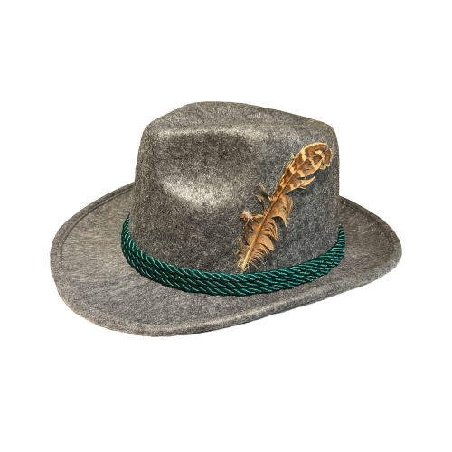 Chapeau tyrolien gris à bandeau vert et plume